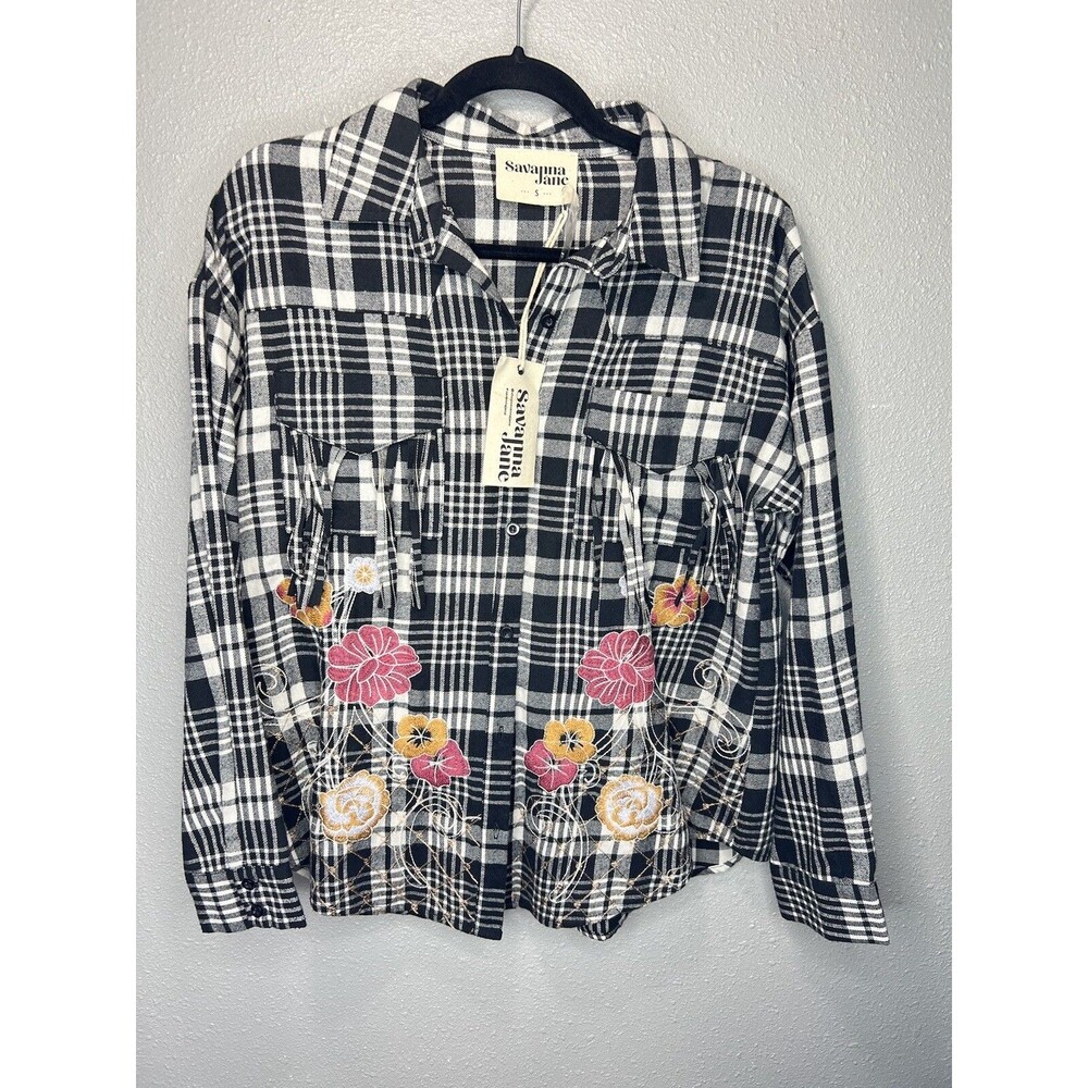 NWT! Savanna Jane Long Sleeve Black Plaid Embroidered Fringe Detail Blouse Top S